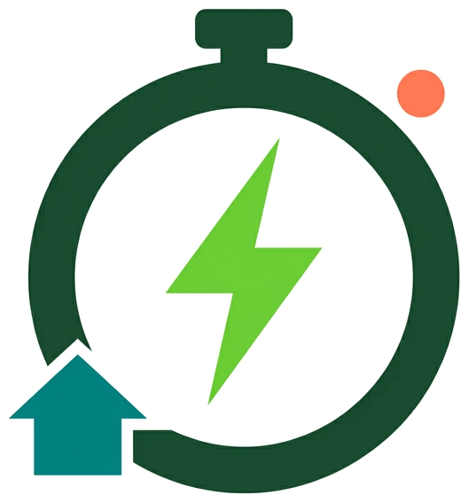 A green stopwatch ring with a lime lightning bolt inside and a small teal house arrow