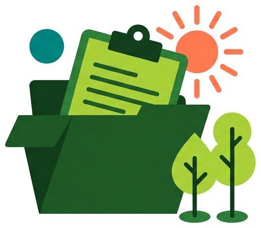 A green folder holding a lime clipboard sheet, with a coral sun and two small trees beside it